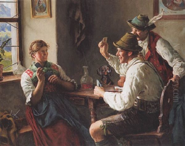 Dirndl Und Zwei Burschen In Der Stube Beim Kartenspiel - view 1