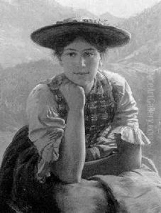 Lachelndes Dirndl Vor Gebirgslandschaft by Emil Rau
