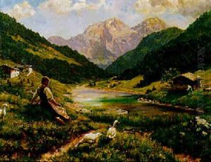 A Tyrolean Peasant Girl Gathering Flowers By A River In A Mountainous Landscape
