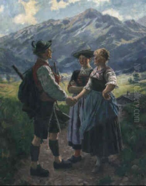 Ein Jager Und Zwei Dirndl Auf Dem Weg Am Hang - view 1