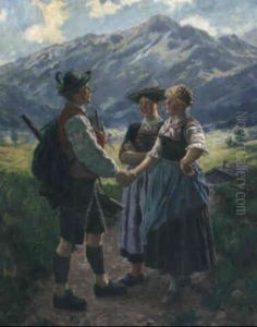 Ein Jager Und Zwei Dirndl Auf Dem Weg Am Hang by Emil Rau
