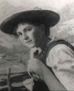 Dirndl Mit Trachtenhut Vor Almlandschaft by Emil Rau