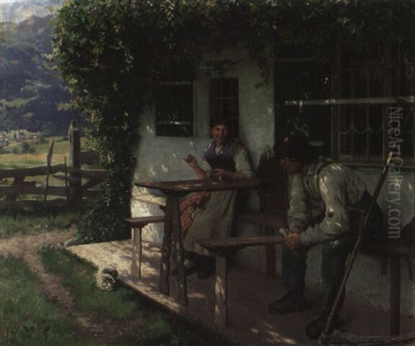 Im Schatten Eines Bauernhauses Sitzt Ein Junges Dirndl... - view 1