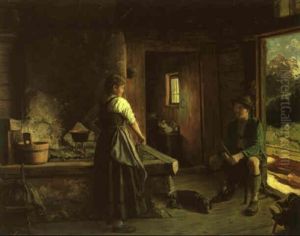 Jager Mit Dirndl In Einer Almhutte by Emil Rau