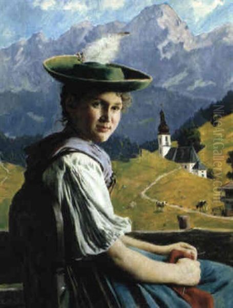 Junges Madchen Im Dirndl Strickt An Roter Socke - view 1