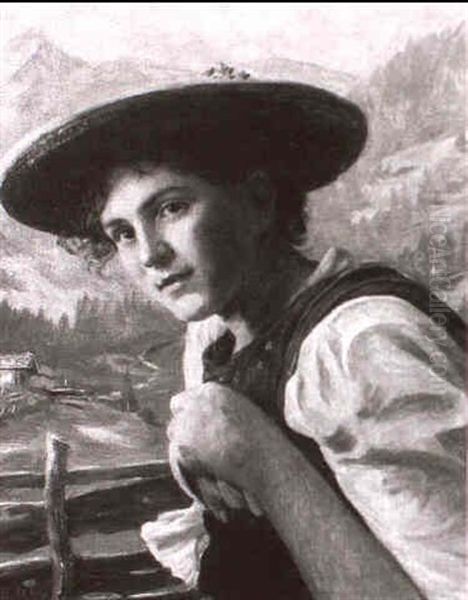 Dirndl Mit Strohhut Am Gatter Vor Dem Gebirgstal - view 1