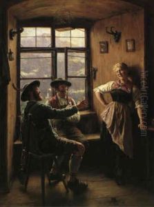 Dirndl Und Zwei Jager In Der Stube by Emil Rau