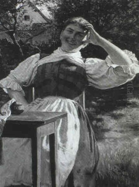 Immer Fleissig (ein Junges, Lachendes Dirndl Sitzt Bei      Naharbeiten Im Garten...) - view 1
