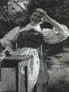 Immer Fleissig (ein Junges, Lachendes Dirndl Sitzt Bei Naharbeiten Im Garten...) by Emil Rau