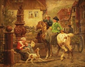 Vielfigurige Szene, Treffen Am Dorfbrunnen by Wilhelm Karl Raeuber