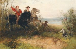 Parforcejagd Mit Zwei Reitern In Historischen Kostumen by Wilhelm Karl Raeuber