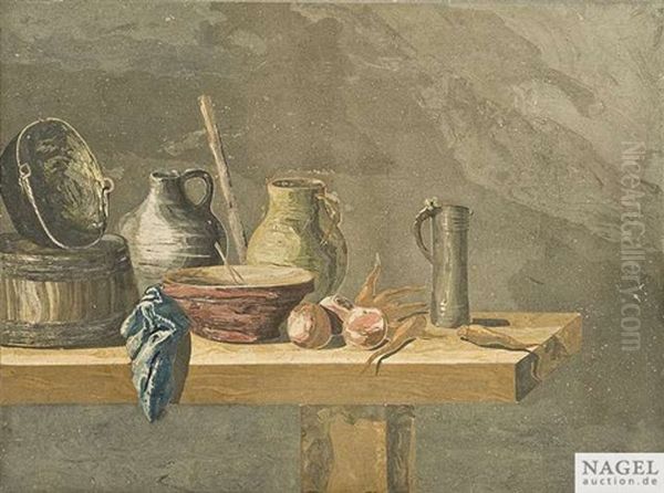 Zwei Kuchenstilleben Mit Vorratsgefasen, Fisch Und Gemuse (pair) - view 1