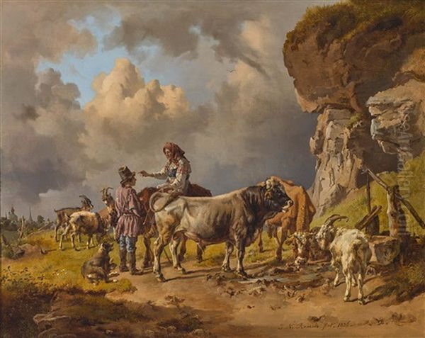 Russisches Bauernpaar Mit Vieh Am Brunnen - view 1