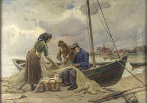 Fischer Am Ufer Beim Flicken Der Netze by Friedrich (Fritz) Raupp