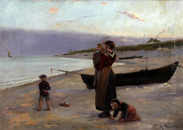 Woman And Children On Beach Awaiting The Fisherman's Return - view 1