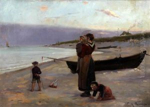 Woman And Children On Beach Awaiting The Fisherman's Return by Friedrich (Fritz) Raupp
