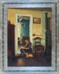 Im Turstock Sitzendes, Lesendes Junges Madchen Mit Getigerter Katze Im Stubeninterieur by Friedrich (Fritz) Raupp