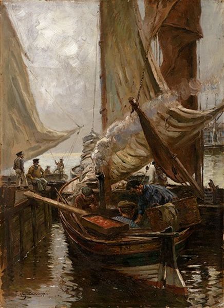 Fischerboote Im Hafen Mit Figurenstaffage - view 1