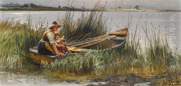 Junge Frau Mit Ihrem Kind In Einem Kahn Am Ufer Des Chiemsees - view 1