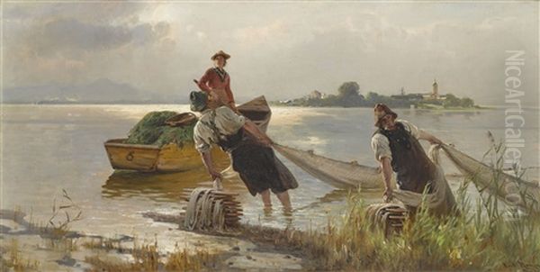 Zwei Fischer Und Eine Junge Bauerin In Einem Heuboot Am Ufer Des Chiemsees - view 1