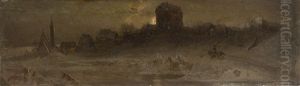 Nachtliche Winterlandschaft Mit Blick Auf Ein Schloss