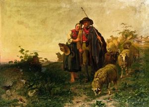 Schafer Und Schaferin Mit Ihrer Herde