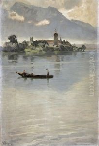 Blick Auf Die Fraueninsel, Auf Dem Chiemsee Boot Mit Fischern by Karl Raupp