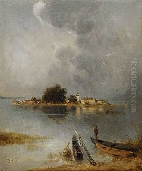Angler Am Ufer Des Chiemsees Mit Blick Auf Die Fraueninsel - view 1