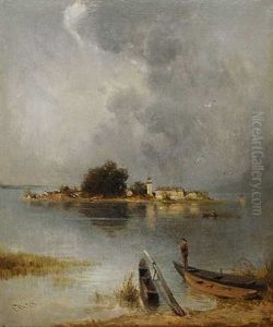 Angler Am Ufer Des Chiemsees Mit Blick Auf Die Fraueninsel
