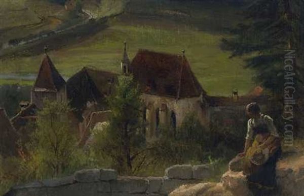 Pappenheim - Junge Frau An Der Mauer Uber Der Klosterkirche - view 1