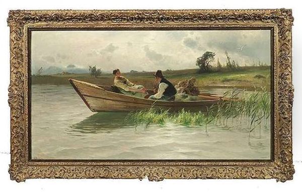 Bauerliches Paar Im Kahn Am Ufer Des Chiemsees - view 1