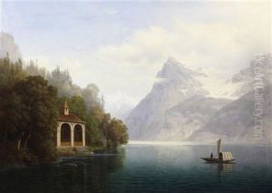 Swiss Lake Scene With Figures In A Ferry Boat by Leonhard Rausch
