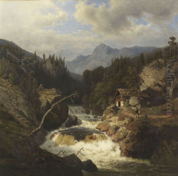 Gebirgslandschaft Mit Jagersmann Am Tosenden Fluss - view 1