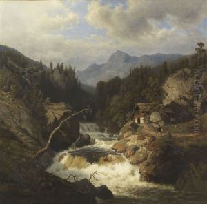 Gebirgslandschaft Mit Jagersmann Am Tosenden Fluss