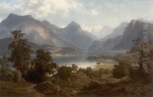 Groses Alpenpanorama Mit Dem Kochelsee Und Der Kirche St. Bartholomae by Leonhard Rausch