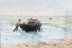 Coastal Scene With A Rowing Boat by Leon Gustave Ravanne