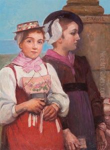 Zwei Junge Walliserinnen Intracht Auf Demweg Zur Kirche by Edouard John E. Ravel