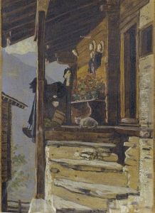 Walliser Bauernhaus Mit Katze by Edouard John E. Ravel