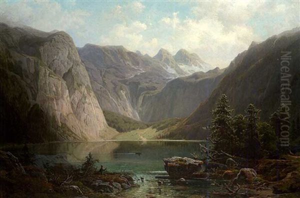 Gebirgslandschaft Mit See Und Rastendem Jager - view 1