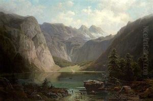 Gebirgslandschaft Mit See Und Rastendem Jager by Ernst Von Raven