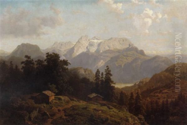 An Alpine Landscape With Wooden Cabins And Cows On A Path In The Foreground - view 1