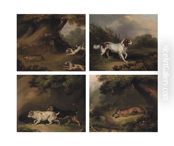 Four Sporting Scenes: A Fox And A Pheasant; Hounds Chasing A Fox; Two Terriers On The Scent; And A Retriever - view 1