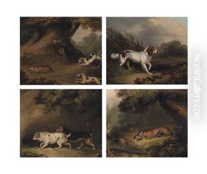 Four Sporting Scenes: A Fox And A Pheasant; Hounds Chasing A Fox; Two Terriers On The Scent; And A Retriever by Samuel Raven