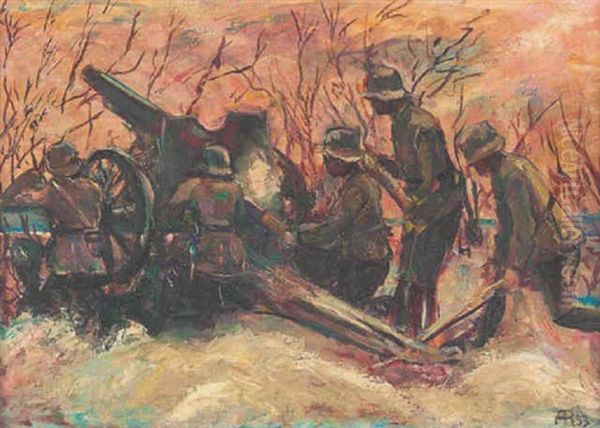 Haubitze Mit Funf Wehrmachtssoldaten Im Winter - view 1