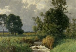 Weite Wiesenlandschaft Mit Bach Und Baumen by Paul von Ravenstein