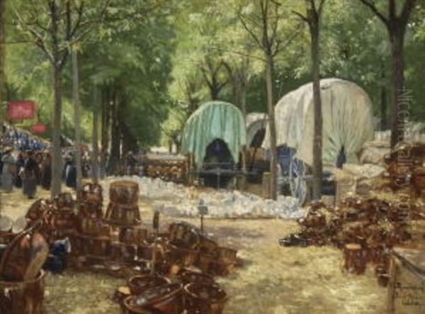 Auf Der Junimesse In Karlsruhe. Irdenware Vor Den Wagen Der Handler Unter Baumen - view 1