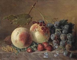 Peaches, Grapes, Wild Strawberries, Red And White Currants, Forget-me-nots And A Walnut On A Marble Ledge