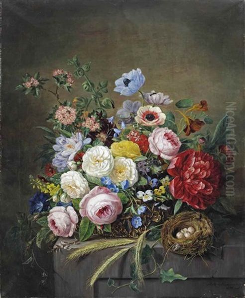 An Abundant Flower Still Life With A Birds Nest On A Stone Ledge - view 1