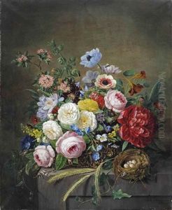 An Abundant Flower Still Life With A Birds Nest On A Stone Ledge