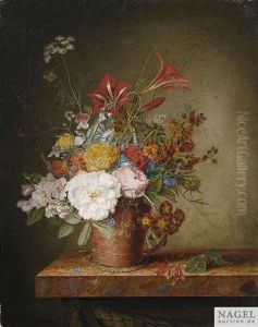 Blumenstilleben Mit Rosen Und Lilien Im Tontopf Auf Einer Marmorkonsole